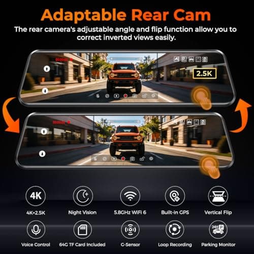 LINGDU 12" Mirror Dash Cam, 4K UHD Front and 2.5K Rear View Dash Camera for Car, with ADAS BSD LCA Smart Mode, GPS, G-Sensor, Loop Recording, Parking Monitor, Voice Control, 5.8GHz WiFi - Thumbnail 2