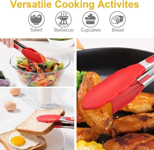 Tongs For Cooking - Heat Resistant 600 Degrees Stainless Steel Kitchen Tong,Heavy Duty Metal Locking Tongs - Perfect for Food,Salad and BBQ set of 3 (7",9" and 12") Dishwasher (Red) - Thumbnail 5