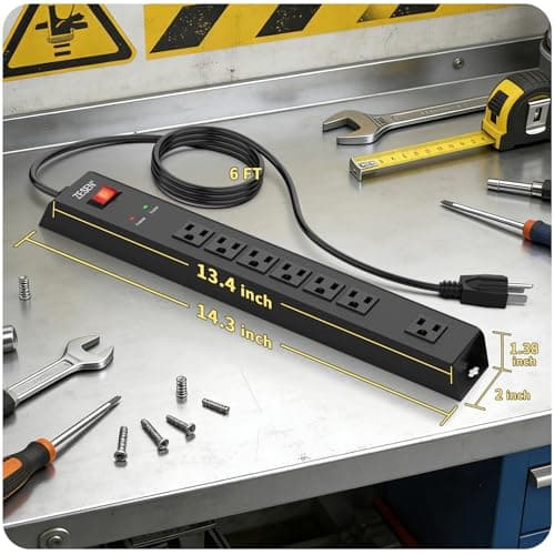 ZESEN 7 Outlet Metal Long Power Strip with Overload Protection & 1500J Surge Protection, 6ft Cord Wall Mounted Industrial Power Strip for Office Workshop Garage, ETL Listed(15A/1875W), Black - Thumbnail 5