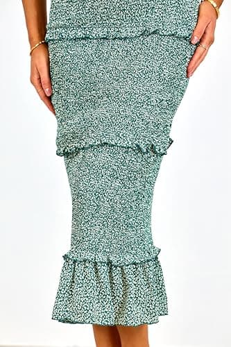 dowerme Women Summer Casual Floral Midi Smocked Bodycon Dresses Spaghetti Strap Square Neck Ruffle Mermaid Prom Dress(Green,Large) - Thumbnail 5