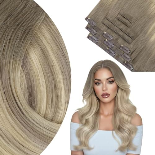 Ve Sunny Invisible Clip in Hair Extensions Human Hair Seamless, Ombre Balayage Blonde Remy Human Hair Clip in Extensions, Genius Weft Thick Ends for Adding Fuller Volume, 18 Inch 120g 7pcs - Image 1