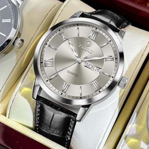 Taxau Mens Leather Watch Mens Wrist Watches Waterproof Analog Watches for Men Dress Watch Grey Dial Black Leather Band Luminous for Large Wrist Roman Number reloj de Hombre - Thumbnail 4