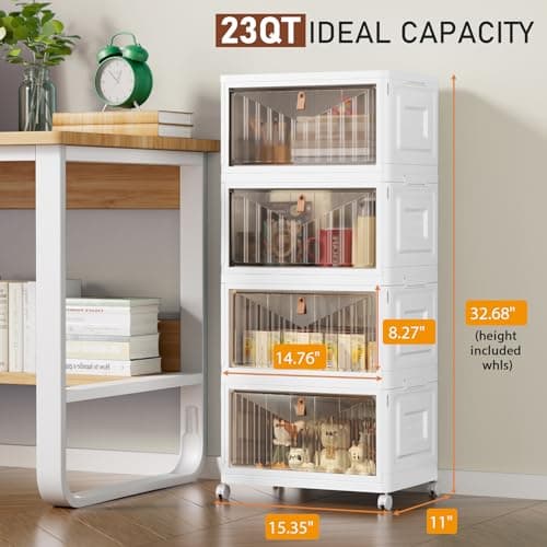 4 Tier Storage Bins with Lids, 23QT Stackable Closet Organizers and Storage with Wheels, Collapsible Storage Boxes, Foldable Plastic Storage Containers for Home,Office, Dorm Room-White - Thumbnail 2