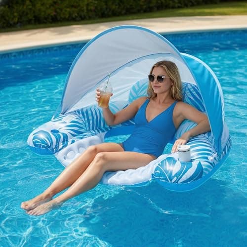 Pool Float for Adults with Canopy, XL Inflatable Chair Lounge Floaties with Adjustable Sun Shade Cover, Drink Holder, Ergonomic Headrest - Thumbnail 4