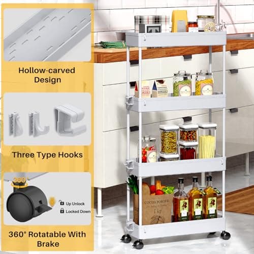 SPACEKEEPER Slim Rolling Storage Cart 4 Tier Bathroom Organizer Mobile Shelving Unit Storage Rolling Utility Cart Tower Rack for Kitchen Bathroom Laundry Narrow Places, Gray - Thumbnail 2