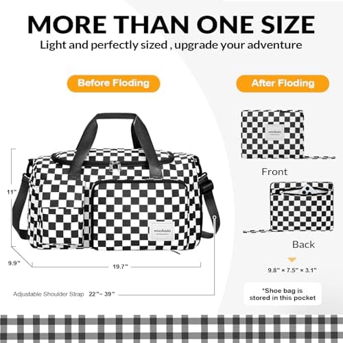 WOOMADA Foldable Travel Duffel Bag for Women, Weekender Bags with Shoes Compartment,Overnight Bag with Wet Pocket & Trolley Sleeve(black&white checkboard) - Thumbnail 2