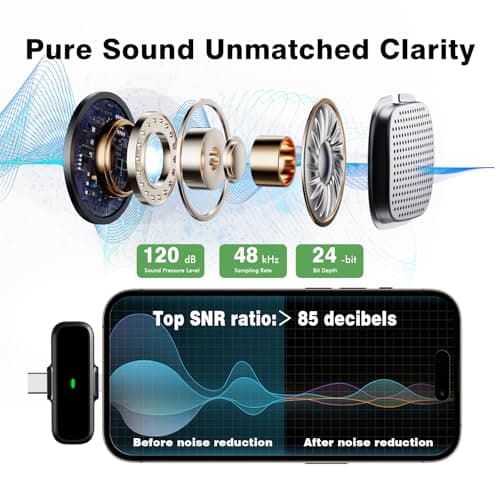 BKIY Wireless Lavalier Microphone for iPhone/Android - Dual Mini Noise Canceling Mic with Charging Case(30H), USB-C/Lightning Clip-on Microphone for Video Recording Streaming Podcast Vlogging（Gray） - Thumbnail 2