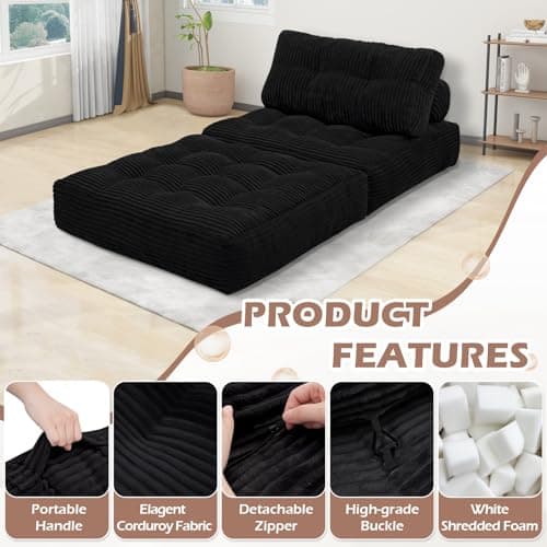 SIMFLAG Folding Sofa Bed, Convertible Sleeper Chair with Pillow & Handle, Foldable Mattress Futon Chair Bed Lounge with Back Support, Comfy Floor Sofa for Living Room Bedroom, Black, Single - Thumbnail 6