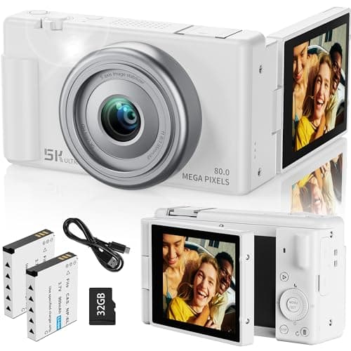 True 5K Digital Camera for Photography, Autofocus 80MP with 18X Digital Zoom 3" 270° Flip Screen Dual-Lens Selfie Camera for YouTube Vlogging & Content Creation, 2 Batteries, 32GB Card & Flash,White