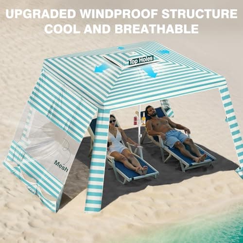 Rhino Valley Beach Cabana, 8 * 8FT Beach Tent UPF50+ Protection, Easy Setup Beach Canopy Wind Resistant with Cup Holder, Compact Beach Shade Foldable Beach Tent Sun Shelter, Light Blue Stripes - Thumbnail 2