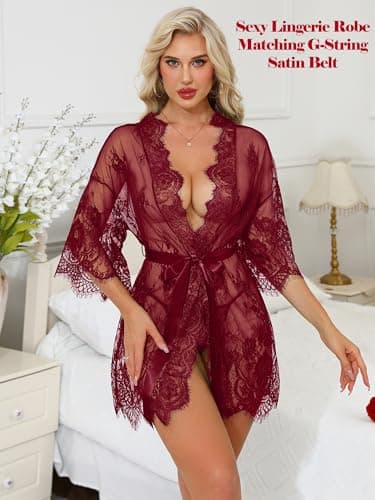 Rigeri Red Lingerie Lace Kimono Robe Sexy Costumes Honeymoon Wine Red M - Thumbnail 6