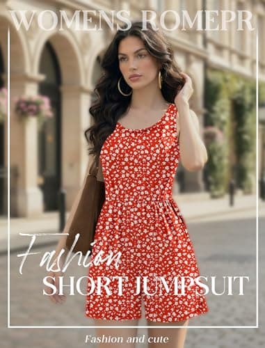 Ekouaer Rompers for Women Summer Romper Sleeveless Scoop Neck Short Jumpsuits for Women Beach Jumpsuit with Pockets 2026 Red Floral Small - Thumbnail 2