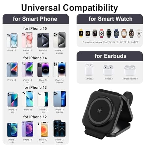 Wireless Charging Station for Apple Multiple Devices - 3 in 1 Foldable Magnetic Wireless Charger - Travel Charging Pad for iPhone 16 15 14 13 12 Pro Max Plus Watch & AirPods (Black) - Thumbnail 2