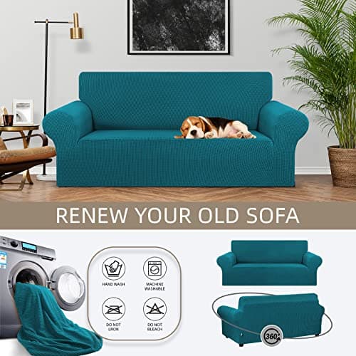 KEKUOU Stretch Loveseat Sofa Cover Slipcover,Couch Covers for 2 Cushion Couch Sofa (55"-78") Furniture Protector Sofa with Elastic Bottom for Kids,Dog. Jacquard Small Checked (Medium,Peacock Blue) - Thumbnail 3