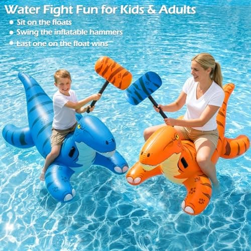 Jasonwell Pool Games Toys Floats -2Pack Inflatable Dinosaur Pool Floats with Blow Up Toy Hammers Ride on Pool Floaties for Kids Teens Adults Lounge Raft Summer Lake Beach Party Decorations (BU&Org XL) - Thumbnail 2