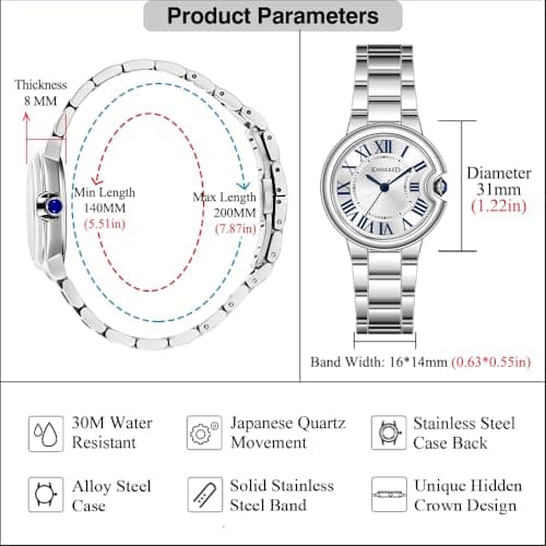 KNISKRED Classic Watch for Women with Vintage Roman Numerals and Solid Stainless Steel Band Ladies Casual Watch (Silver) - Thumbnail 6