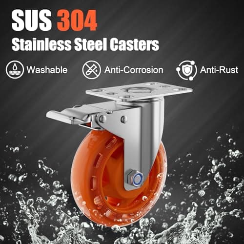 TESUMI 4" Inch Stainless Steel Caster Wheels Maintenance-Free SUS 304 Washable Heavy Duty Casters Total Lock Brake Anti-Corrosion Waterproof Caster Wheels for Restaurants, Labs, Hospitals-2 Packs - Thumbnail 2