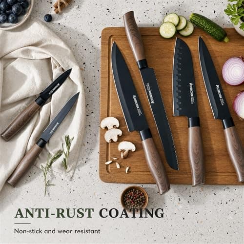 Astercook 13-Piece Kitchen Knife Set with Black Anti-Rust Coating, Dishwasher Safe, Stainless Steel Chef Knives Set with 6 Blade Guards, Wood Grain Handle, Perfect Holiday & Housewarming Gifts - Thumbnail 6