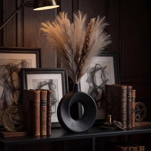 DSYSMIN Modern Black Ceramic Donut Vase - 10.24" Matte Circular Hollow Vase, Minimalist Nordic Style Home Decor for Living Room, Mantel, Entryway (Watertight & Handmade) - Thumbnail 6