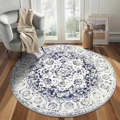 Pauwer Round Rug 4Ft, Boho Circle Rug, Washable Shag Area Rug, Mandala Floor Mat Carpet, Farmhouse Distressed Non Slip Area Rug, Round Rugs for Living Room, Kitchen, Bedroom, Bathroom, Navy Blue - Image 1