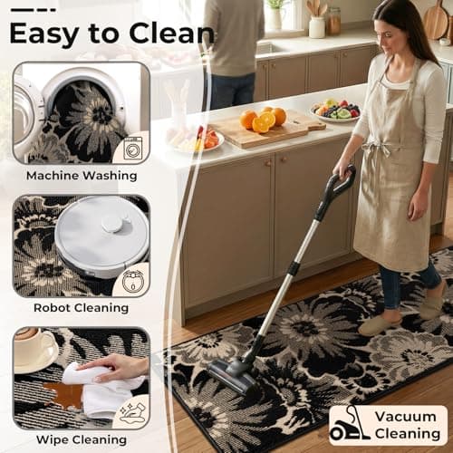 Findosom Hallway Runner Rug 2x8, Non Slip High-Low Textured Floral Washable Runner Rug with Rubber Backing, Boho Carpet Runner for Kitchen, Entryway, Bedroom, Laundry, Black & Beige - Thumbnail 5