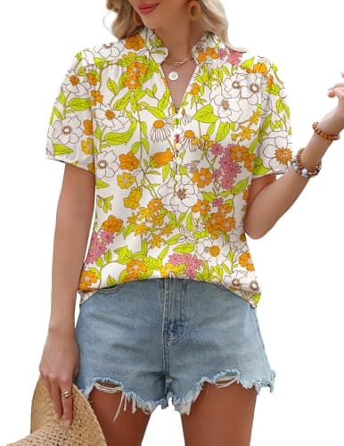 APRRAIN Womens Floral Summer Tops Boho V Neck Hawaiian Beach Puff Short Sleeve Shirts Boutique Cute Summer Work Business Dressy Casual Button Down Blouse Tunic Blusas - Image 1