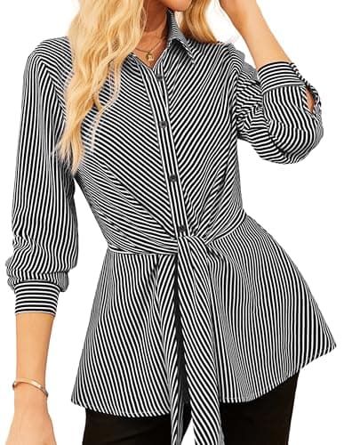 GRACE KARIN Peplum Tops for Women Tie Front Striped Button Down Shirt Collared Long Sleeve Business Casual Work Office Blouse Black - Image 1