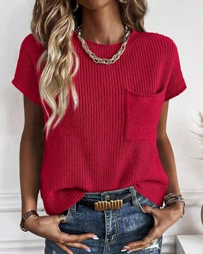 KIRUNDO Summer Fall Short Sleeve Sweater for Women 2026 Casual Sweater Vest Cotton Knit Pullover Tank Tops Fashion Clothing(Red, Medium) - Thumbnail 4