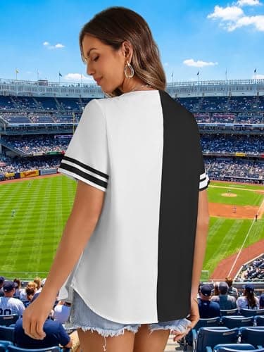 Baseball Shirt for Women Baseball Jersey Button Down V Neck T-Shirt Game Day Fans Graphic Short Sleeve Hawaiian Tee Tops Black - Thumbnail 5