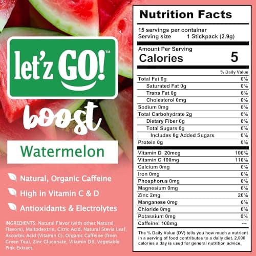 Let'z Go Clean Energy Drink Mix – Natural Caffeine Packets, Vitamins C + D, Electrolytes, Sugar-Free, Zero Calories | Anytime Energy | 15 Count (Watermelon) - Thumbnail 2