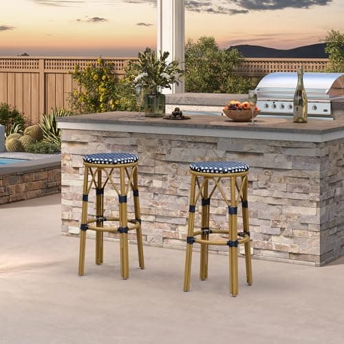 PURPLE LEAF Outdoor Bar Stool Rattan Bamboo Finish Indoor Bar Stools 2-Pack