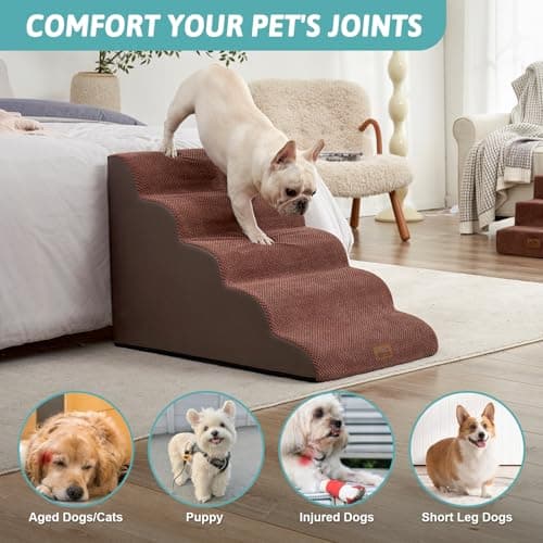 COZY KISS Extra Wide Dog Stairs 19.7" Width, Large Pet Step for Small Medium Dog, Puppy or Cat, Ramp for High Bed or Car, High Density Foam Ladder, Stable, 5 Step, 19.7x33x22.4 inch, Brown - Thumbnail 5