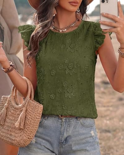 KIRUNDO Blouses for Women Dressy Casual Lace Ruffle Cap Sleeve Tops 2026 Summer Eyelet Floral Embroidered Cute Boho Shirts(Army Green, XX-Large) - Thumbnail 3