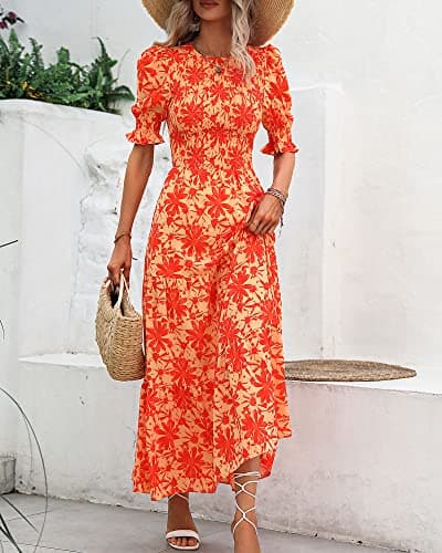 BTFBM Women Casual Summer Dresses 2026 Spring Crew Neck Ruffle Short Sleeve Smocked Floral Boho Flowy Maxi Dress Clothes(Big Floral Orange, Small) - Thumbnail 3