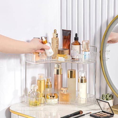 JTIYQ Corner Bathroom Counter Organizer, Vanity Trays for Bathroom, Skincare Makeup Organizer Shelf, Shelf Cosmetics, Toiletries, Lotions, Perfumes (2 Tiers, Clear) - Thumbnail 3