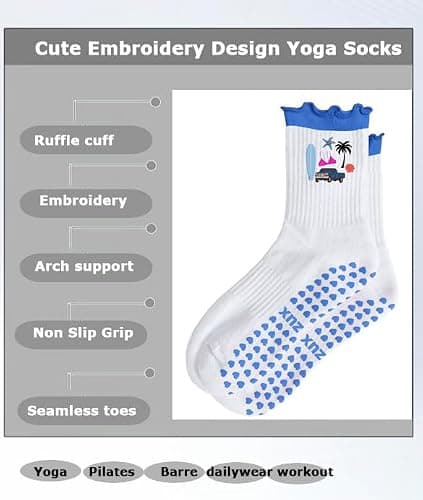 Puedizux Women Cute Pilates Socks Grip Crew Yoga Socks Ruffle Cuff Embroidery Ballet Socks - Thumbnail 3