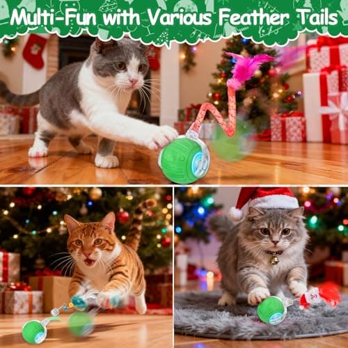 Interactive Cat Toy Ball - Christmas Cat Toys for Indoor Cats with Feather Tails for Chasing, Moving Stimulation Smart Cat Toy for Enrichment, Motion Activated Automatic Rolling Toys to Keep Them Busy - Thumbnail 4