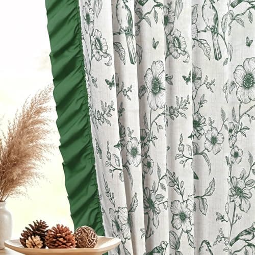 Yinhua Green Floral Curtains for Living Room 63 Inch French Country Linen Bedroom Curtains with Ruffle Tieback, Light Filtering Flower Patterned Window Curtain Rod Pocket Back Tab Drapes, 2 Panels - Image 1