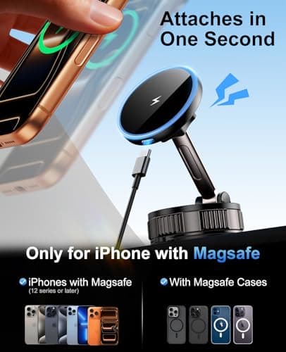 iPhone Magsafe Car Mount Charger [15W Fast Wireless Charging, 120+ LB Strongest Suction & 2800gf Strongest Magnetic] 360° Adjustable Car Phone Holders for your car, for iPhone 17 16 15 14 13 12 series - Thumbnail 2