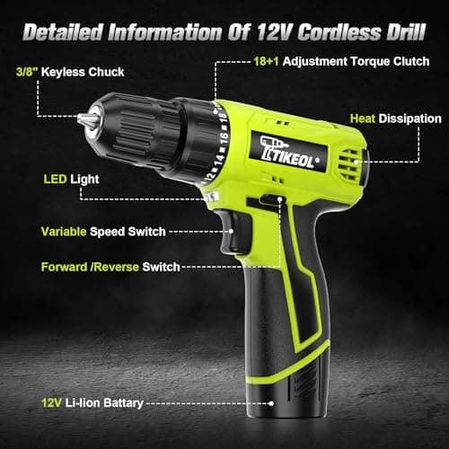 TIKEOL 12V Cordless Drill Set with Battery & Charger, Electric Power Drill with Pure Copper Motor, 180 In-lbs Torque, 18+1 Clutch, 3/8" Keyless Chuck, LED Light, Drill Kit for Home Repair, DIY(Green) - Thumbnail 2