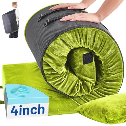 Easthome Memory Foam Camping Mattress Pad with Pillow - Waterproof 4 Inch Thick Sleeping Pad for Camping Floor, Roll Up Single Mattress Bed for Adults Guest Car Truck Tent, Travel Bag, Avocado Green