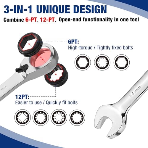 WORKPRO 7-Piece 3-in-1 Reversible Ratchet Wrench Set, Metric 8mm to 17mm, 6PT & 12PT & Open-End Wrenches, 72-Teeth Ratcheting Combination Wrench with Rolling Pouch - Thumbnail 2