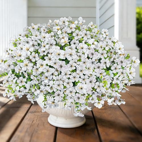 QSPEROV Artificial Flowers for Outdoors UV Resistant, 12 Bundles Realistic Faux Daisy with Eucalyptus Leaves Fake Plants for Porch Patio Planter Garden Decoration (White) - Image 1