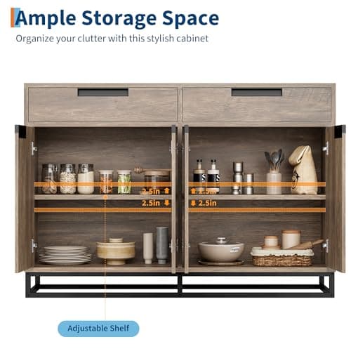 GarveeHome Sideboard Buffet Cabinet, 55-Inch Large Modern Kitchen Accent Storage Cabinet with 2 Drawers and 4 Doors, Coffee Bar Buffet Table for Kitchen and Dining Room (Retro) - Thumbnail 6