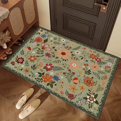 HiChiclife Washable Doormat, Floral Rug, Non-Slip Small Rug for Entrance,2'x 3',Grass Green