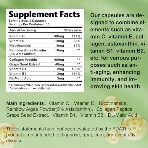 GQYQca Premium Vitamin C+ E, NAD, Astaxanthin and Collagen Capsules,scientifically formulated,enhances Immunity,removes Free radicals, maintains Healthy Anti-Aging, Gluten-Free, 60 Capsules - Thumbnail 5