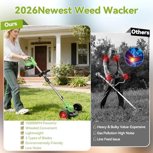 20,000RPM Electric Weed Wacker with Wheel,700W Cordless Weed Eater, Battery Powered, 4-in-1 String Trimmer,Brush Cutter/Grass Trimmer/Lawn Mower/Lawn Edger with 3 Type Blades for Garden Yard - Thumbnail 4