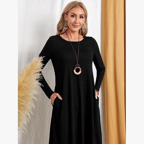 Lounge Dress for Women Long Sleeve Nightgown Midi Long Dress Loose Casual Side Slit Dresses Pocket L Black - Thumbnail 4