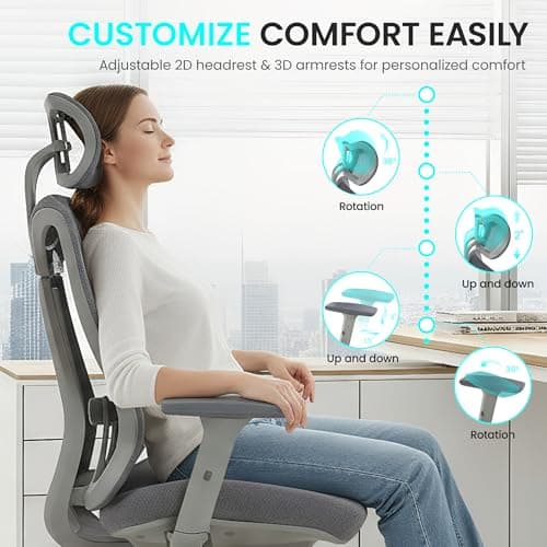 LuxErgo Ergonomic Office Chair, High Back Mesh Desk Chair with Adjustable Headrest Lumbar Support Seat Depth, 300 Lbs Big and Tall, 90-110° Tilt Lock Swivel Rolling Task Chair,Grey - Thumbnail 4