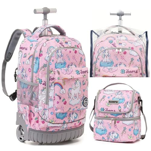 BAMIFEI 18 Inch Unicorn Rolling Backpack for Kids, Unicorn Roller Backpacks Kids Backpack Carry On Wheeled School Backpack, Spacious Multiple Compartments Quiet Wheels Travel Backpack for Girls - Image 1